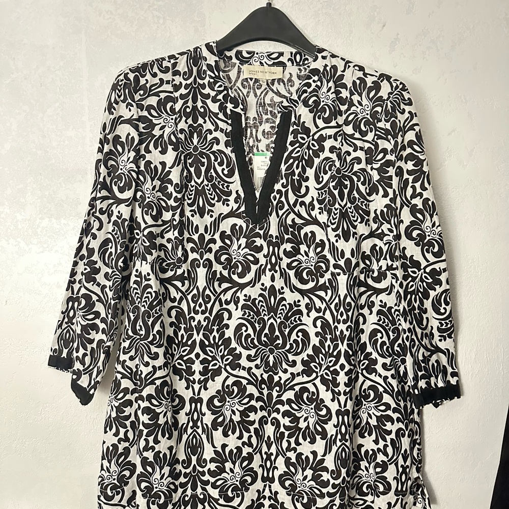 SALE! NWT JONES NEW YORK LINEN BLACK WHITE PRINT TUNIC TOP MANDARIN COLLAR $99